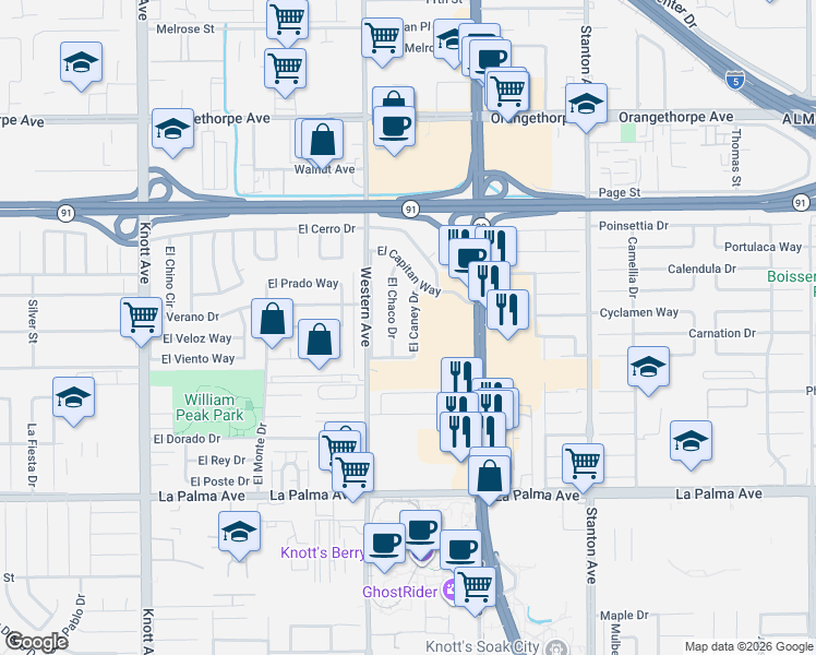 map of restaurants, bars, coffee shops, grocery stores, and more near 7648 El Caney Drive in Buena Park