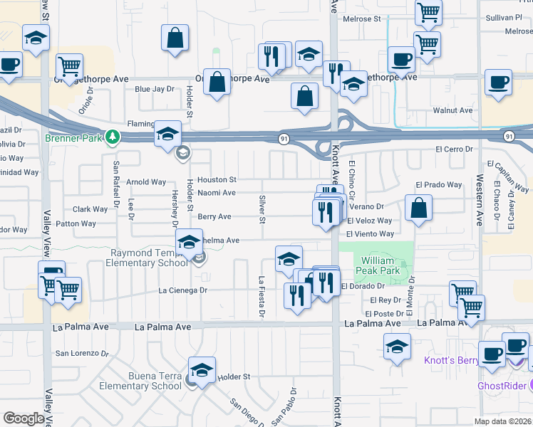 map of restaurants, bars, coffee shops, grocery stores, and more near 7612 Silver Street in Buena Park