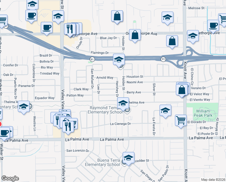 map of restaurants, bars, coffee shops, grocery stores, and more near 6388 Morgan Way in Buena Park