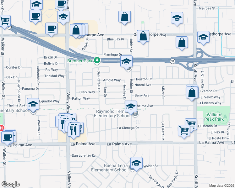 map of restaurants, bars, coffee shops, grocery stores, and more near 6388 Morgan Way in Buena Park