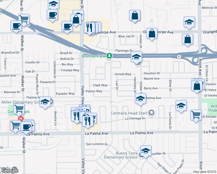 map of restaurants, bars, coffee shops, grocery stores, and more near 7601 San Rafael Drive in Buena Park