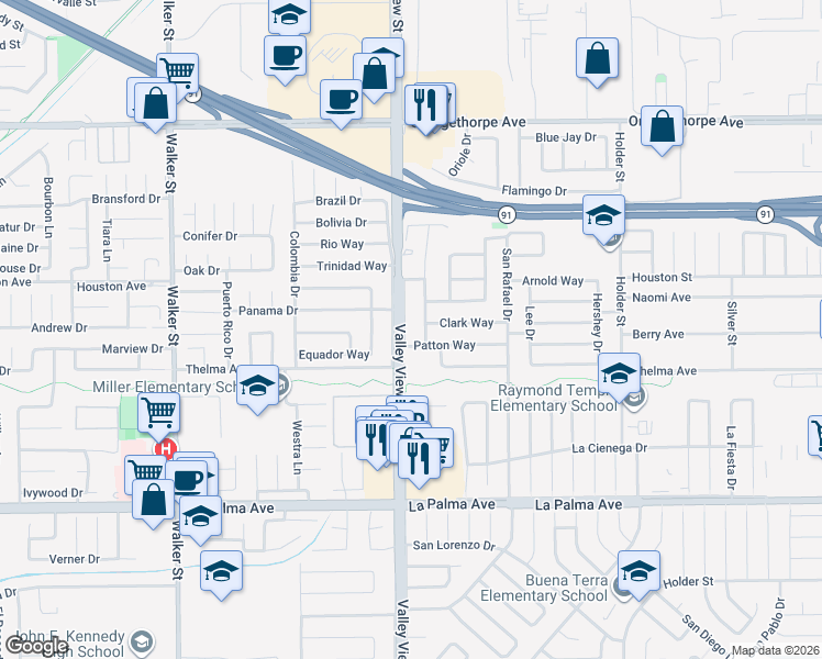 map of restaurants, bars, coffee shops, grocery stores, and more near 7606 Bradley Drive in Buena Park