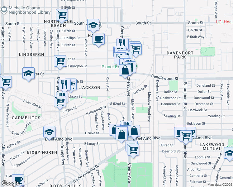 map of restaurants, bars, coffee shops, grocery stores, and more near 1819 East Jackson Street in Long Beach