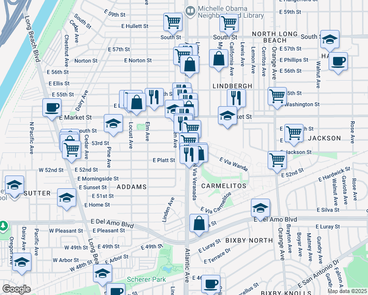 map of restaurants, bars, coffee shops, grocery stores, and more near 5267 Atlantic Avenue in Long Beach