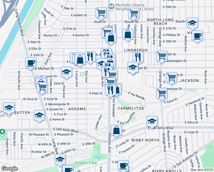 map of restaurants, bars, coffee shops, grocery stores, and more near 5267 Atlantic Avenue in Long Beach