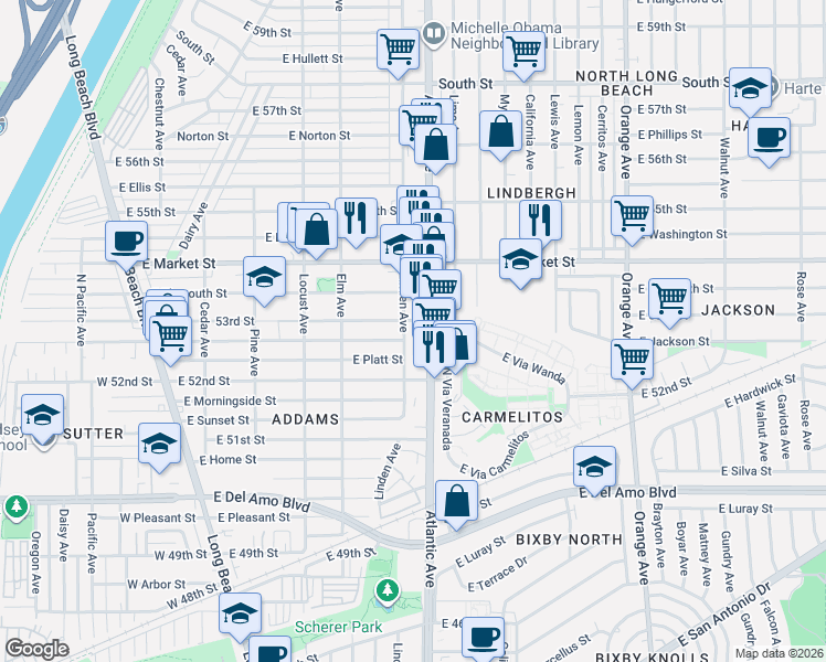 map of restaurants, bars, coffee shops, grocery stores, and more near 5267 Atlantic Avenue in Long Beach