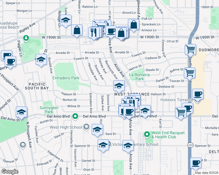 map of restaurants, bars, coffee shops, grocery stores, and more near 5100 Deelane Street in Torrance
