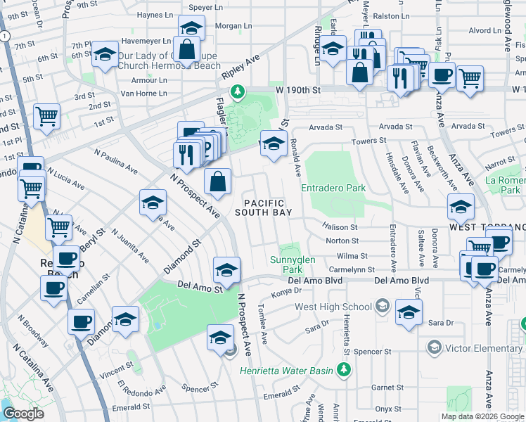 map of restaurants, bars, coffee shops, grocery stores, and more near 19718 Redbeam Avenue in Torrance