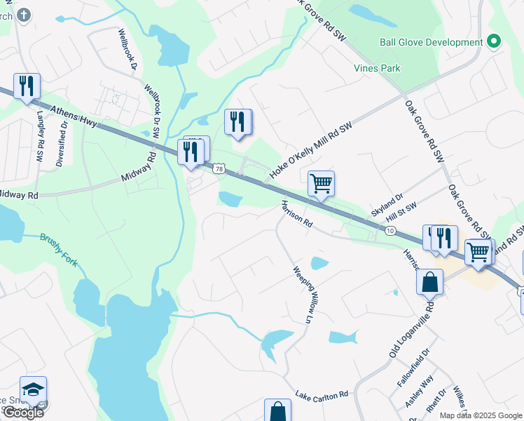 map of restaurants, bars, coffee shops, grocery stores, and more near 405 Aristocrat Drive Southwest in Loganville