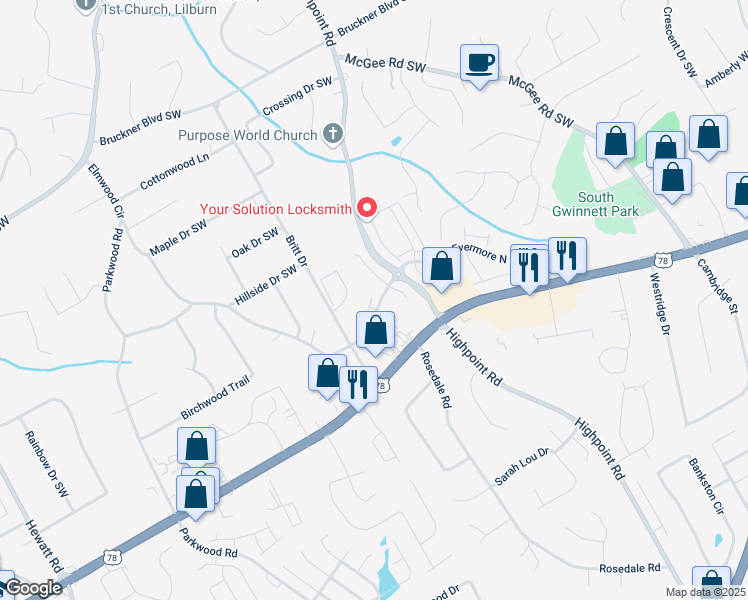 map of restaurants, bars, coffee shops, grocery stores, and more near 2055 Highpoint Road in Snellville