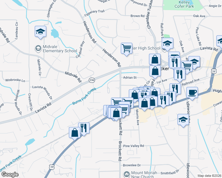 map of restaurants, bars, coffee shops, grocery stores, and more near 3975 Chelsea Common in Tucker