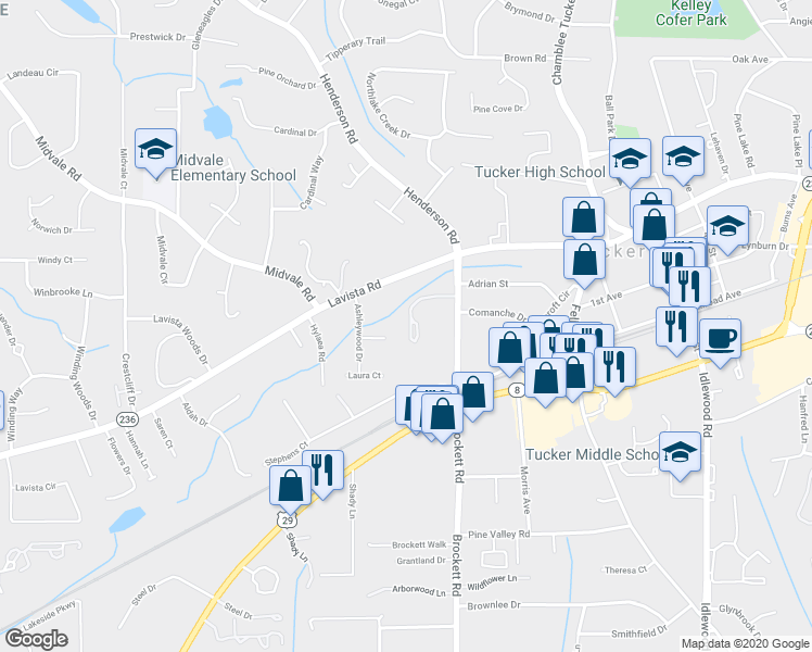 map of restaurants, bars, coffee shops, grocery stores, and more near 3970 Chelsea Common in Tucker