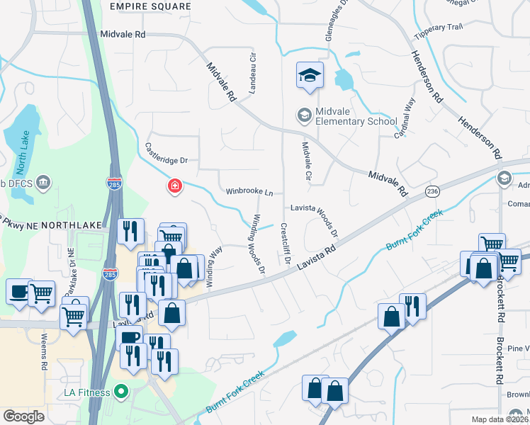 map of restaurants, bars, coffee shops, grocery stores, and more near 2284 Crestcliff Drive in Tucker