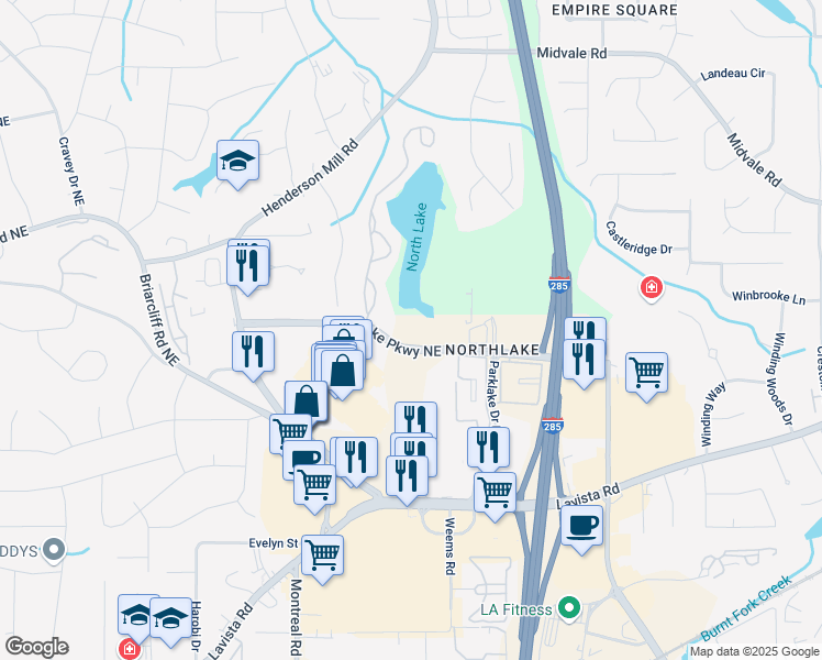 map of restaurants, bars, coffee shops, grocery stores, and more near 3300 Northlake Parkway Northeast in Atlanta