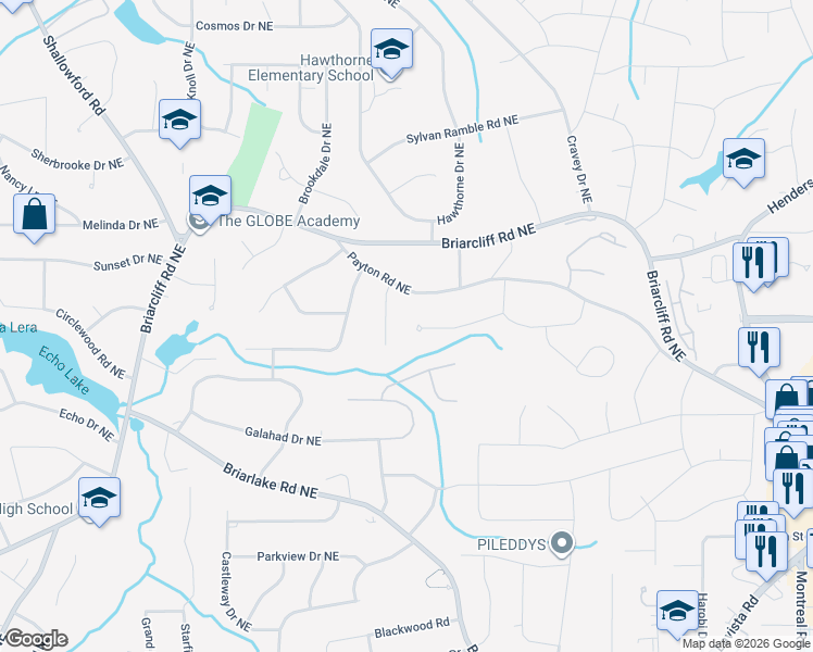 map of restaurants, bars, coffee shops, grocery stores, and more near 2295 Bry Mar Drive Northeast in Atlanta