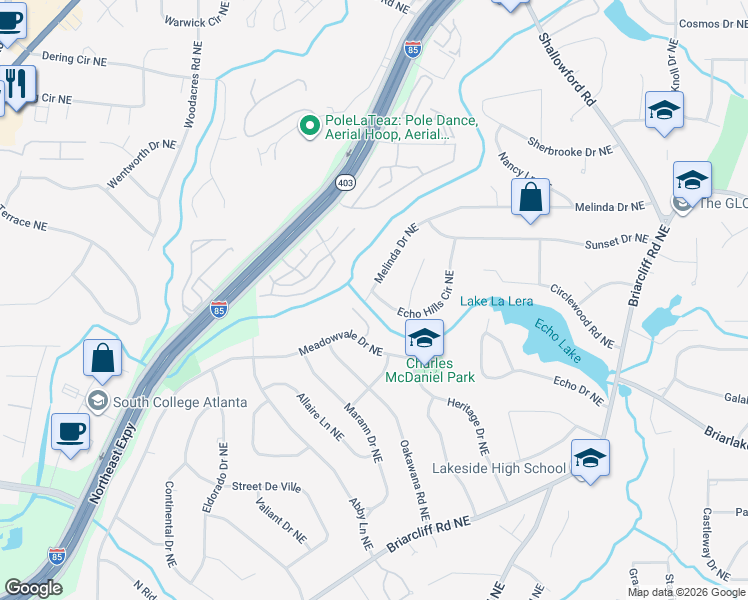 map of restaurants, bars, coffee shops, grocery stores, and more near 2273 Melinda Drive Northeast in Atlanta
