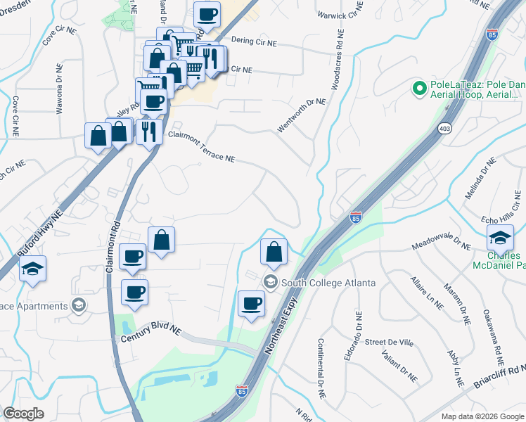 map of restaurants, bars, coffee shops, grocery stores, and more near 2206 Clairmont Terrace Northeast in Atlanta