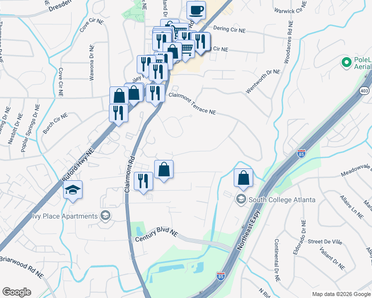 map of restaurants, bars, coffee shops, grocery stores, and more near 1908 Shalimar Drive Northeast in Atlanta