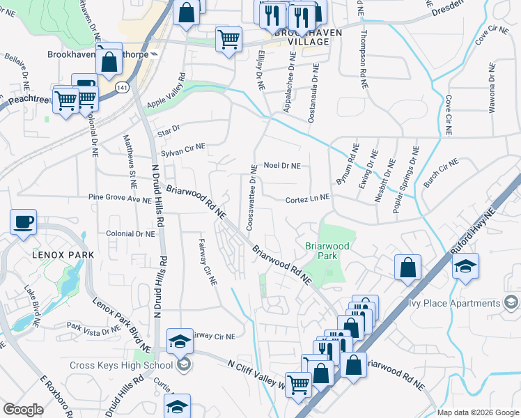 map of restaurants, bars, coffee shops, grocery stores, and more near 2322 Wayside Drive in Atlanta
