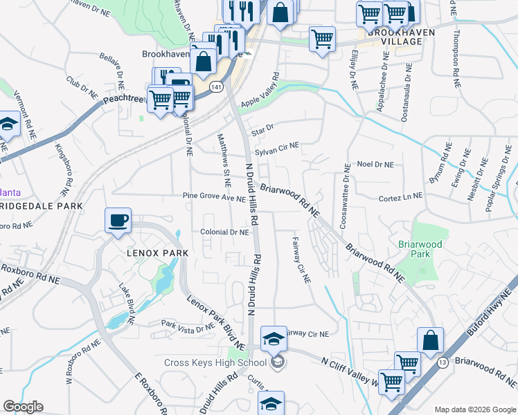 map of restaurants, bars, coffee shops, grocery stores, and more near 1399 North Druid Hills Road in Brookhaven