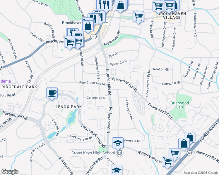 map of restaurants, bars, coffee shops, grocery stores, and more near 1399 North Druid Hills Road in Brookhaven