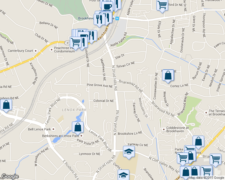 map of restaurants, bars, coffee shops, grocery stores, and more near 1399 North Druid Hills Road in Brookhaven