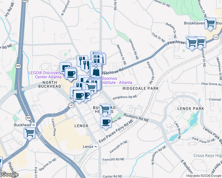 map of restaurants, bars, coffee shops, grocery stores, and more near 3549 Roxboro Road in Atlanta