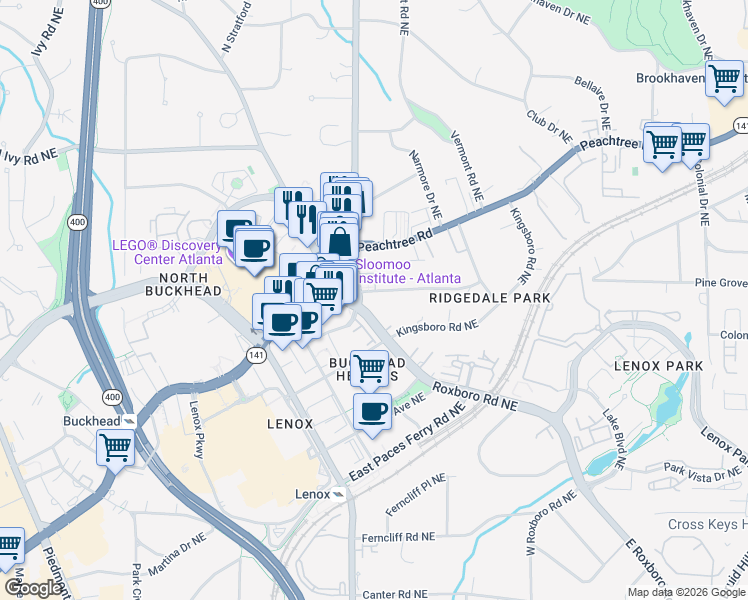 map of restaurants, bars, coffee shops, grocery stores, and more near 3549 Roxboro Road in Atlanta
