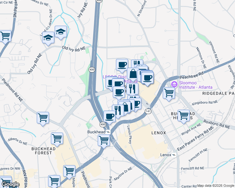 map of restaurants, bars, coffee shops, grocery stores, and more near in Atlanta