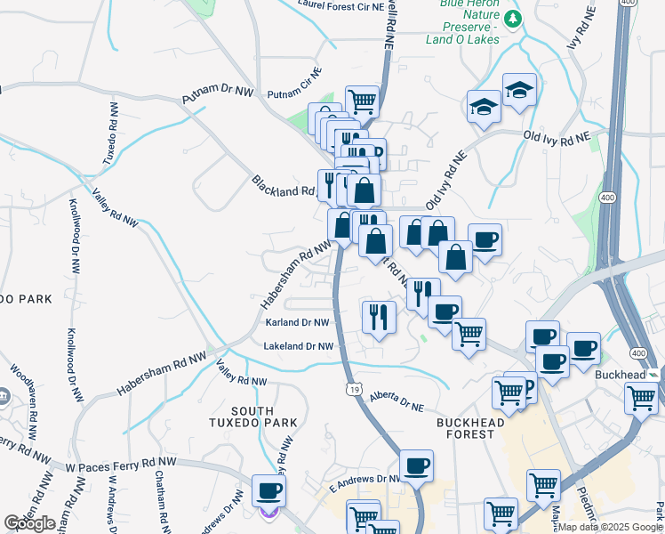 map of restaurants, bars, coffee shops, grocery stores, and more near 3541 Roswell Road Northeast in Atlanta
