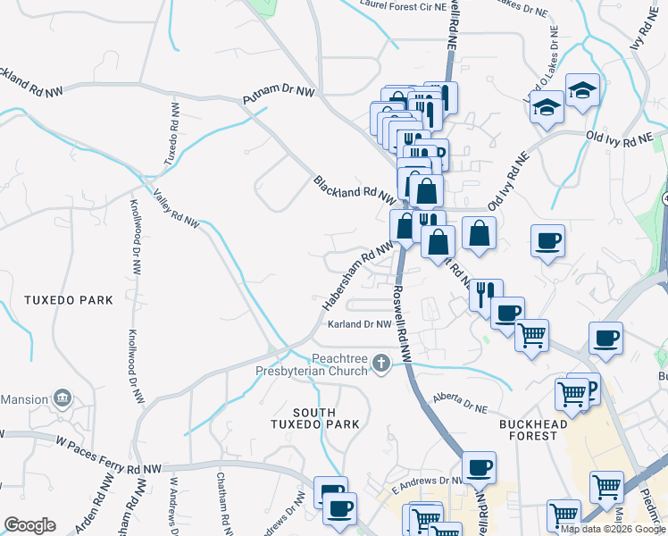 map of restaurants, bars, coffee shops, grocery stores, and more near 3580 Habersham Road Northwest in Atlanta