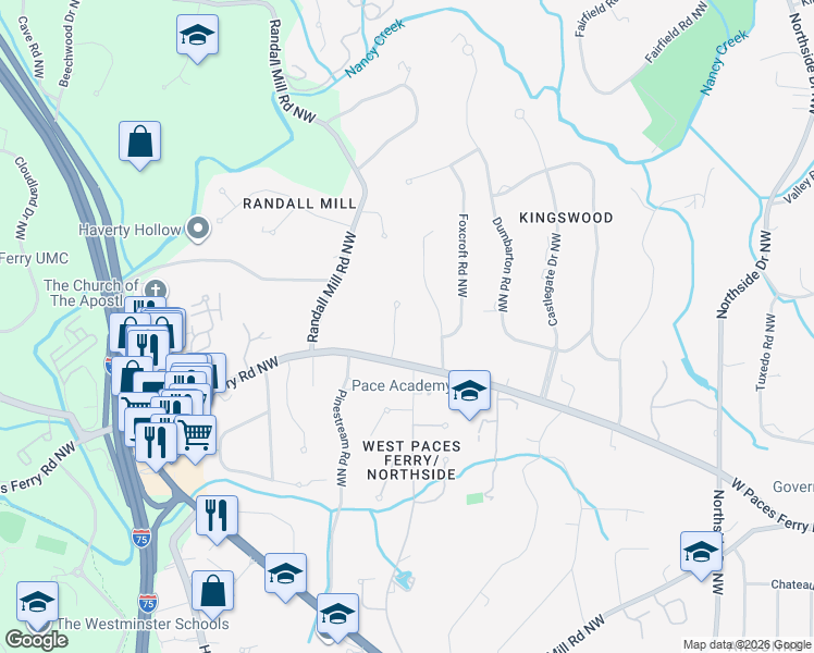 map of restaurants, bars, coffee shops, grocery stores, and more near 3558 Ranier Drive Northwest in Atlanta