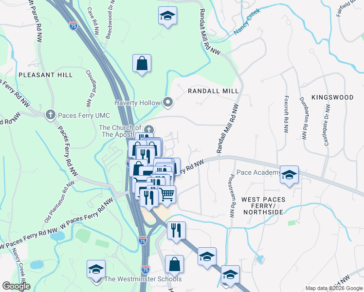 map of restaurants, bars, coffee shops, grocery stores, and more near 3240 West Paces Park Court Northwest in Atlanta