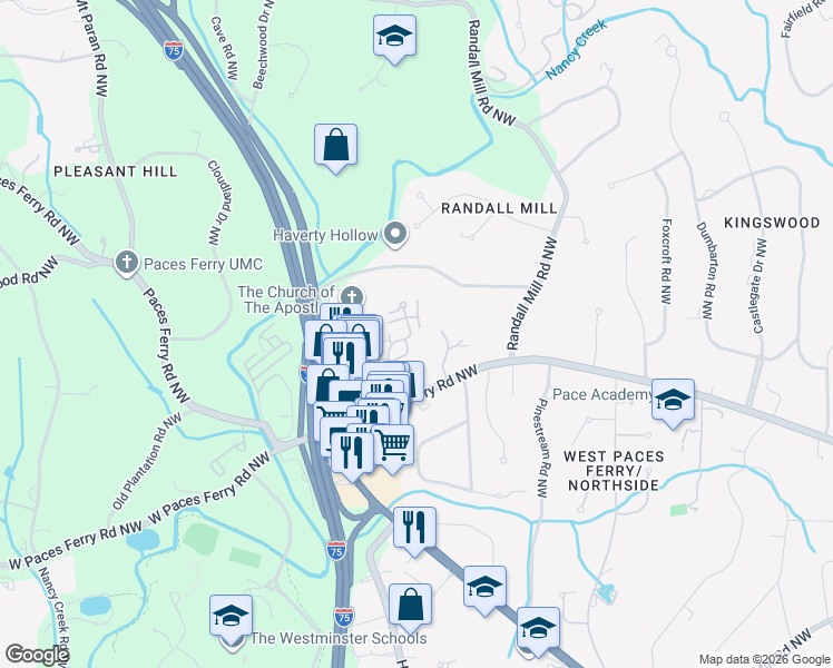 map of restaurants, bars, coffee shops, grocery stores, and more near 53 Paces West Drive Northwest in Atlanta