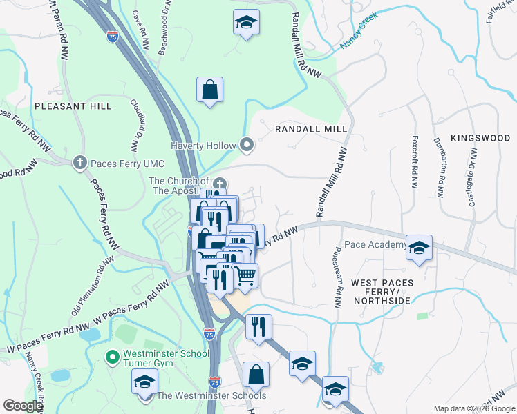 map of restaurants, bars, coffee shops, grocery stores, and more near 8 Paces West Terrace Northwest in Atlanta