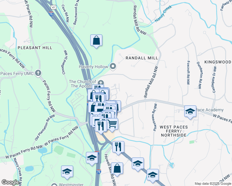 map of restaurants, bars, coffee shops, grocery stores, and more near 26 Paces West Drive Northwest in Atlanta