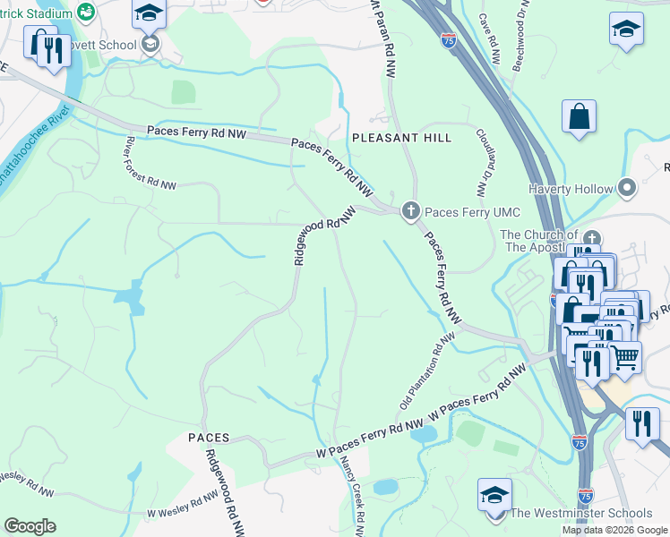 map of restaurants, bars, coffee shops, grocery stores, and more near 3542 Nancy Creek Road Northwest in Atlanta