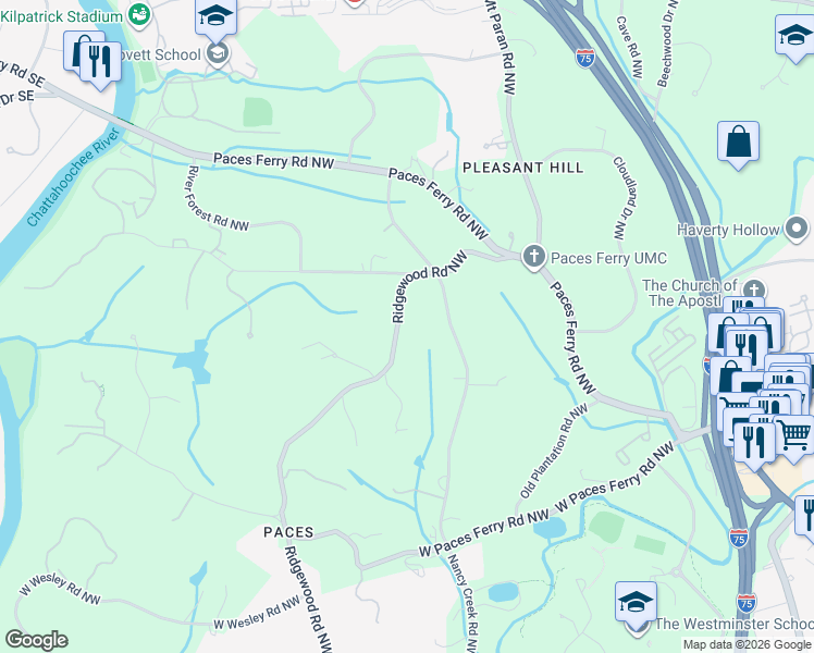 map of restaurants, bars, coffee shops, grocery stores, and more near 3541 Ridgewood Road Northwest in Atlanta