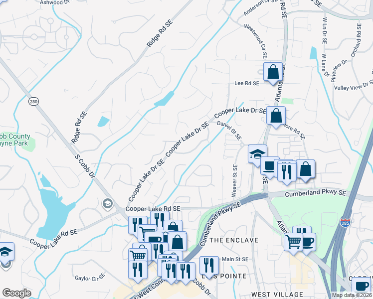 map of restaurants, bars, coffee shops, grocery stores, and more near 1912 Cooper Landing Drive Southeast in Smyrna