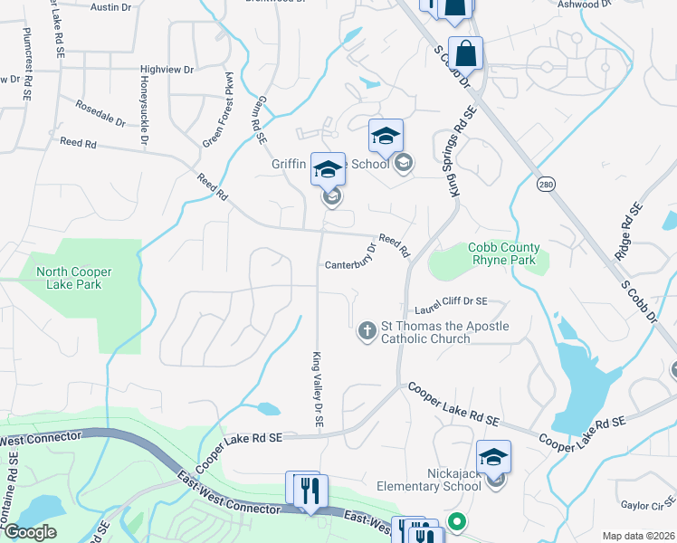 map of restaurants, bars, coffee shops, grocery stores, and more near 4199 King Valley Drive Southeast in Smyrna