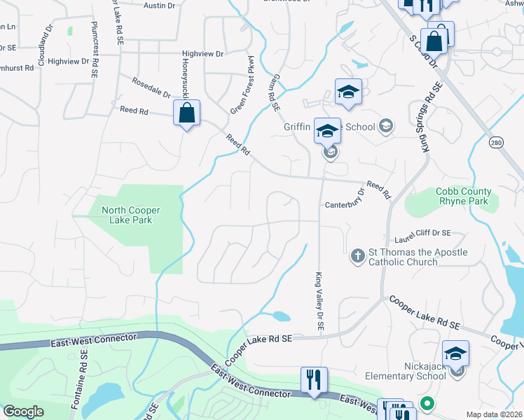 map of restaurants, bars, coffee shops, grocery stores, and more near 5085 River Valley Drive in Smyrna