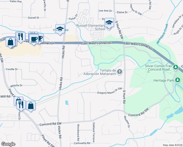 map of restaurants, bars, coffee shops, grocery stores, and more near 4197 Barnes Meadow Road Southwest in Smyrna