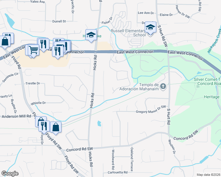 map of restaurants, bars, coffee shops, grocery stores, and more near 725 Crossbuck Court in Smyrna