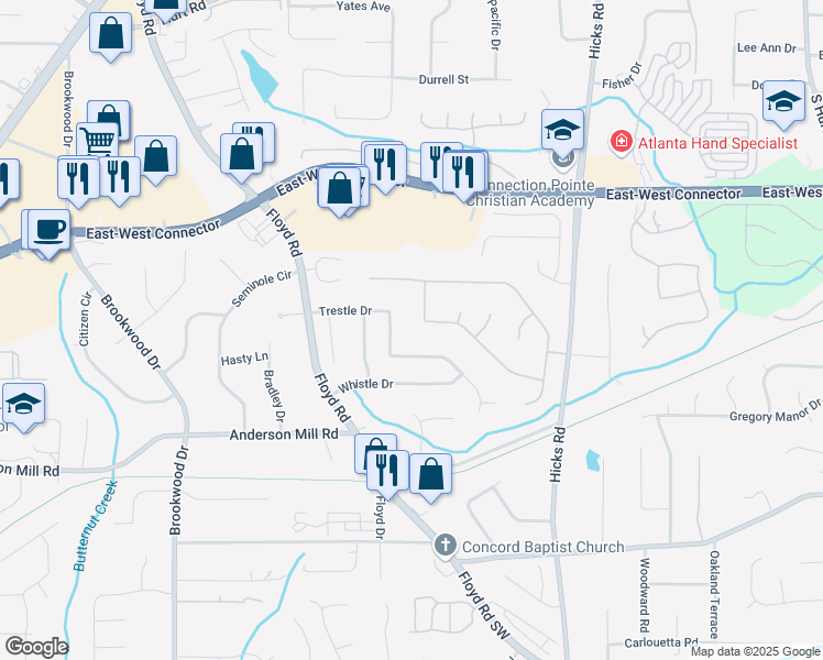 map of restaurants, bars, coffee shops, grocery stores, and more near 1037 Trestle Drive in Austell
