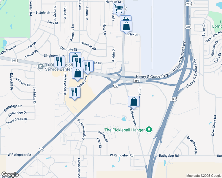 map of restaurants, bars, coffee shops, grocery stores, and more near 1501 Archer City Highway in Wichita Falls