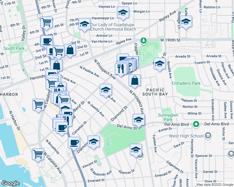 map of restaurants, bars, coffee shops, grocery stores, and more near 531 North Paulina Avenue in Redondo Beach