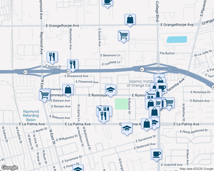 map of restaurants, bars, coffee shops, grocery stores, and more near 1526 East Pinewood Avenue in Anaheim