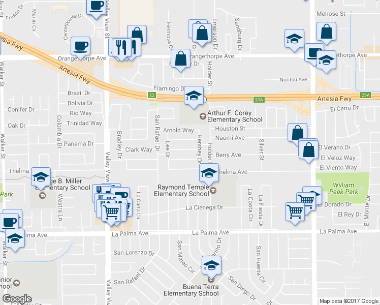 map of restaurants, bars, coffee shops, grocery stores, and more near 6388 Morgan Way in Buena Park
