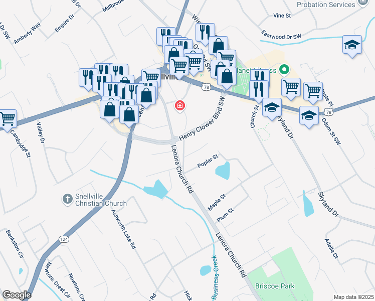 map of restaurants, bars, coffee shops, grocery stores, and more near 2462 Pate Street South in Snellville