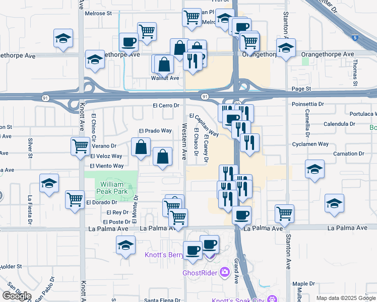 map of restaurants, bars, coffee shops, grocery stores, and more near 7640 Western Avenue in Buena Park